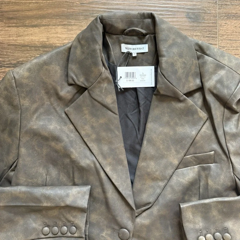 NWT WeWoreWhat Size Large Patina Cropped Blazer Brown Faux Vegan Leather Revolve